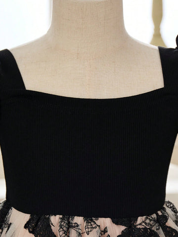Young Girl Solid Color Knit Raglan Sleeve Splice Woven Mesh Panel Dress