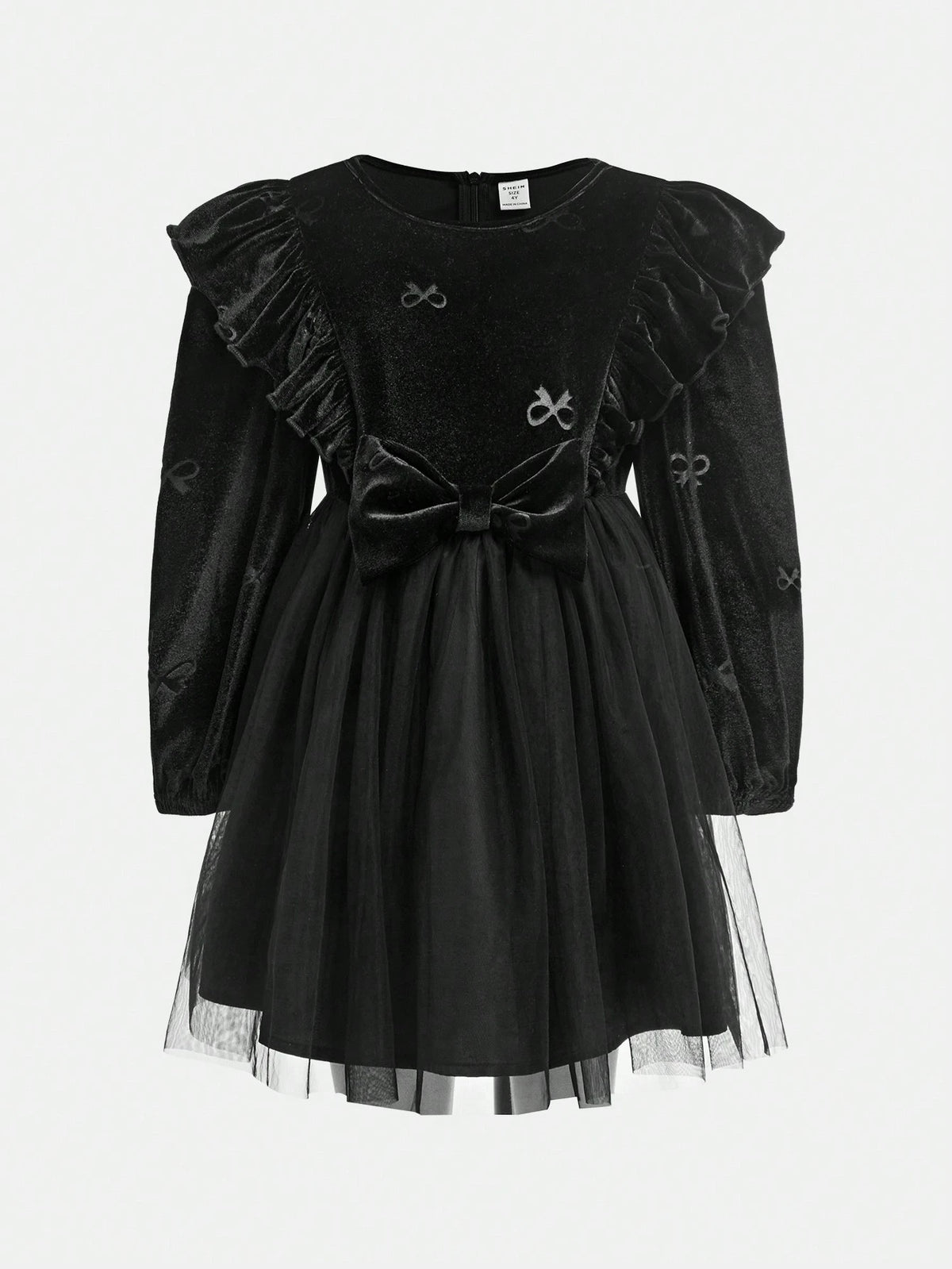 Young Girl Solid Color Knit Round Neck Ruffle Patchwork Sheer Fabric Elegant Dress