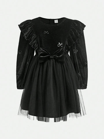 Young Girl Solid Color Knit Round Neck Ruffle Patchwork Sheer Fabric Elegant Dress