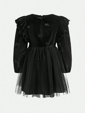 Young Girl Solid Color Knit Round Neck Ruffle Patchwork Sheer Fabric Elegant Dress