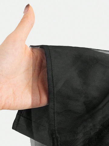 Young Girl Solid Color Knit Round Neck Ruffle Patchwork Sheer Fabric Elegant Dress