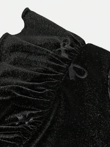 Young Girl Solid Color Knit Round Neck Ruffle Patchwork Sheer Fabric Elegant Dress