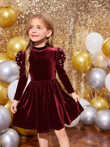Young Girl Solid Color Mock Neck Gigot Sleeve Rhinestone Embellished Knit Casual Dress, Christmas Dress