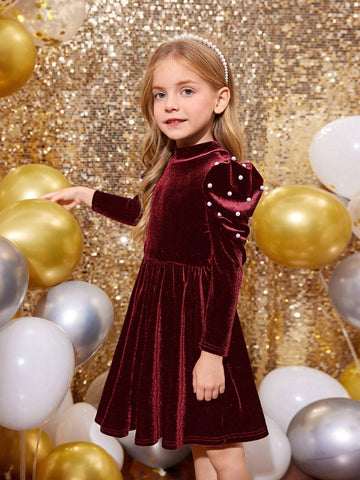 Young Girl Solid Color Mock Neck Gigot Sleeve Rhinestone Embellished Knit Casual Dress, Christmas Dress