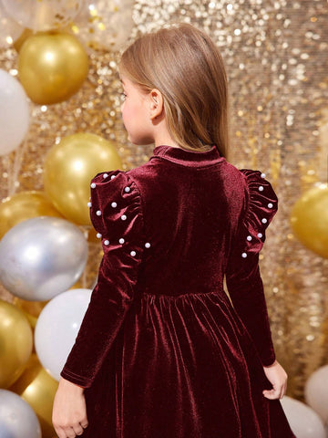 Young Girl Solid Color Mock Neck Gigot Sleeve Rhinestone Embellished Knit Casual Dress, Christmas Dress
