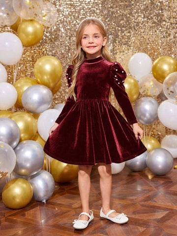 Young Girl Solid Color Mock Neck Gigot Sleeve Rhinestone Embellished Knit Casual Dress, Christmas Dress