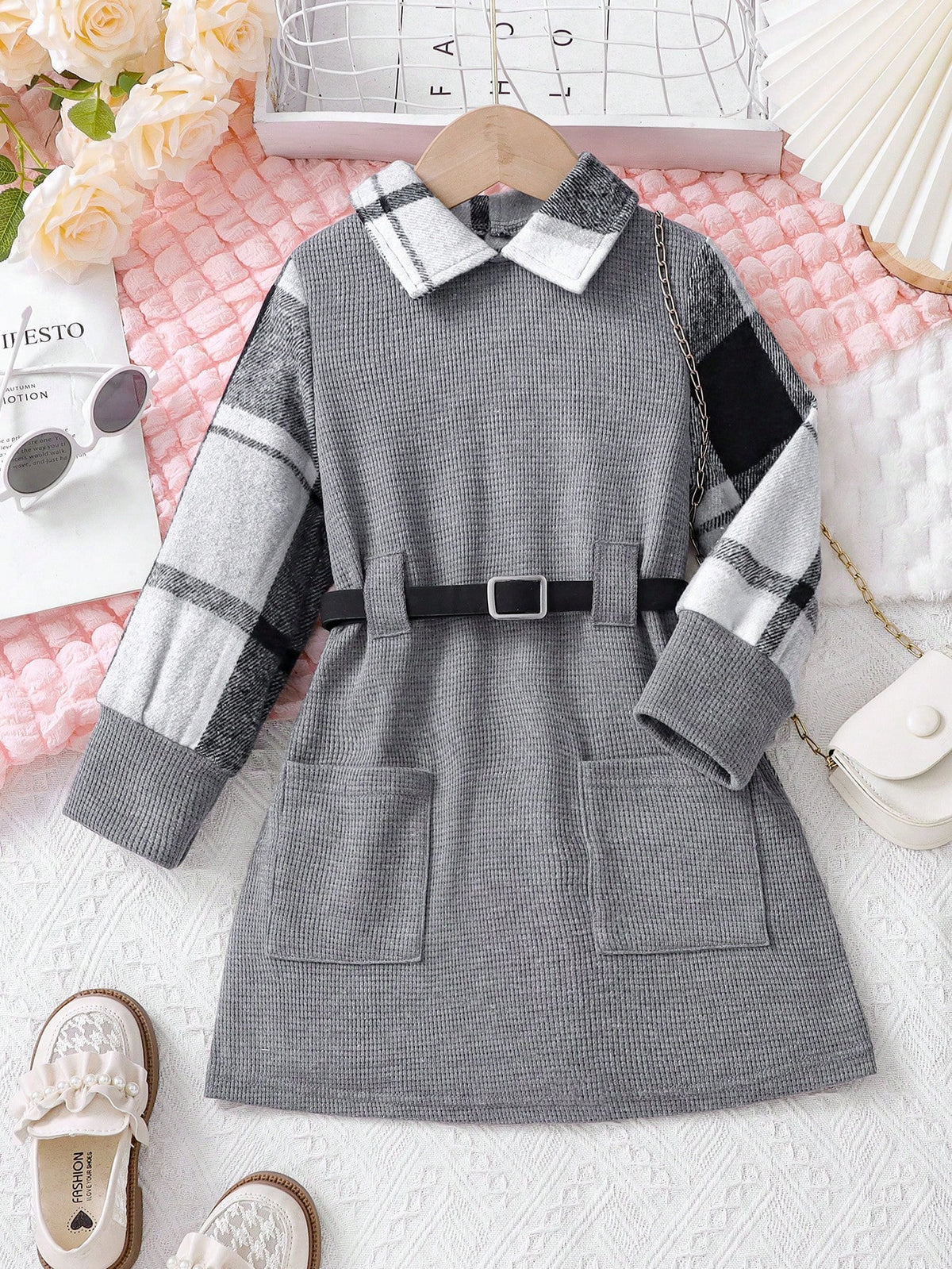 Young Girl Solid Color Patchwork Long Sleeve Pocket Simple Casual Dress