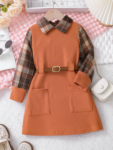 Young Girl Solid Color Patchwork Long Sleeve Pocket Simple Casual Dress