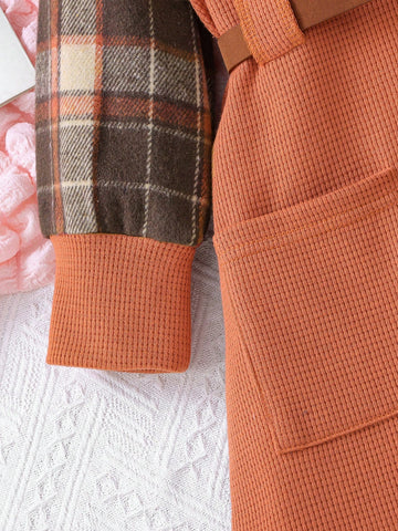 Young Girl Solid Color Patchwork Long Sleeve Pocket Simple Casual Dress