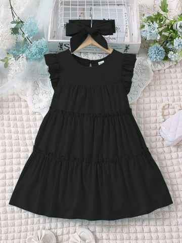 Young Girl Solid Color Round Neck Cap Sleeve Loose Babydoll Dress