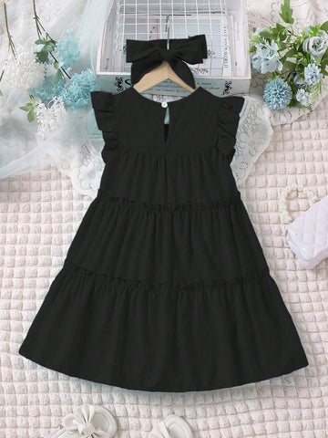Young Girl Solid Color Round Neck Cap Sleeve Loose Babydoll Dress