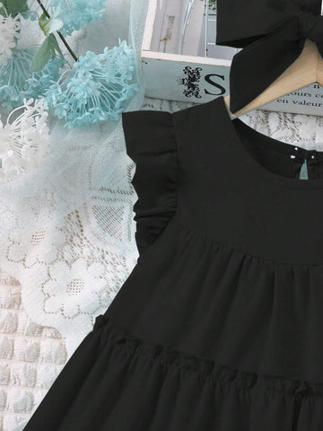 Young Girl Solid Color Round Neck Cap Sleeve Loose Babydoll Dress