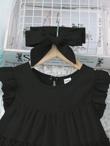 Young Girl Solid Color Round Neck Cap Sleeve Loose Babydoll Dress