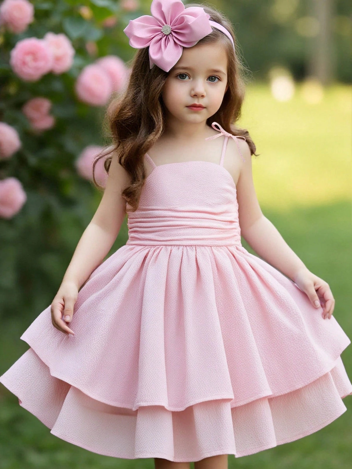 Young Girl Solid Color Round Neck Puff Sleeve Fitted Dress