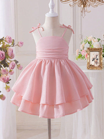 Young Girl Solid Color Round Neck Puff Sleeve Fitted Dress