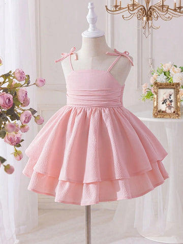 Young Girl Solid Color Round Neck Puff Sleeve Fitted Dress