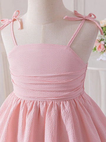 Young Girl Solid Color Round Neck Puff Sleeve Fitted Dress