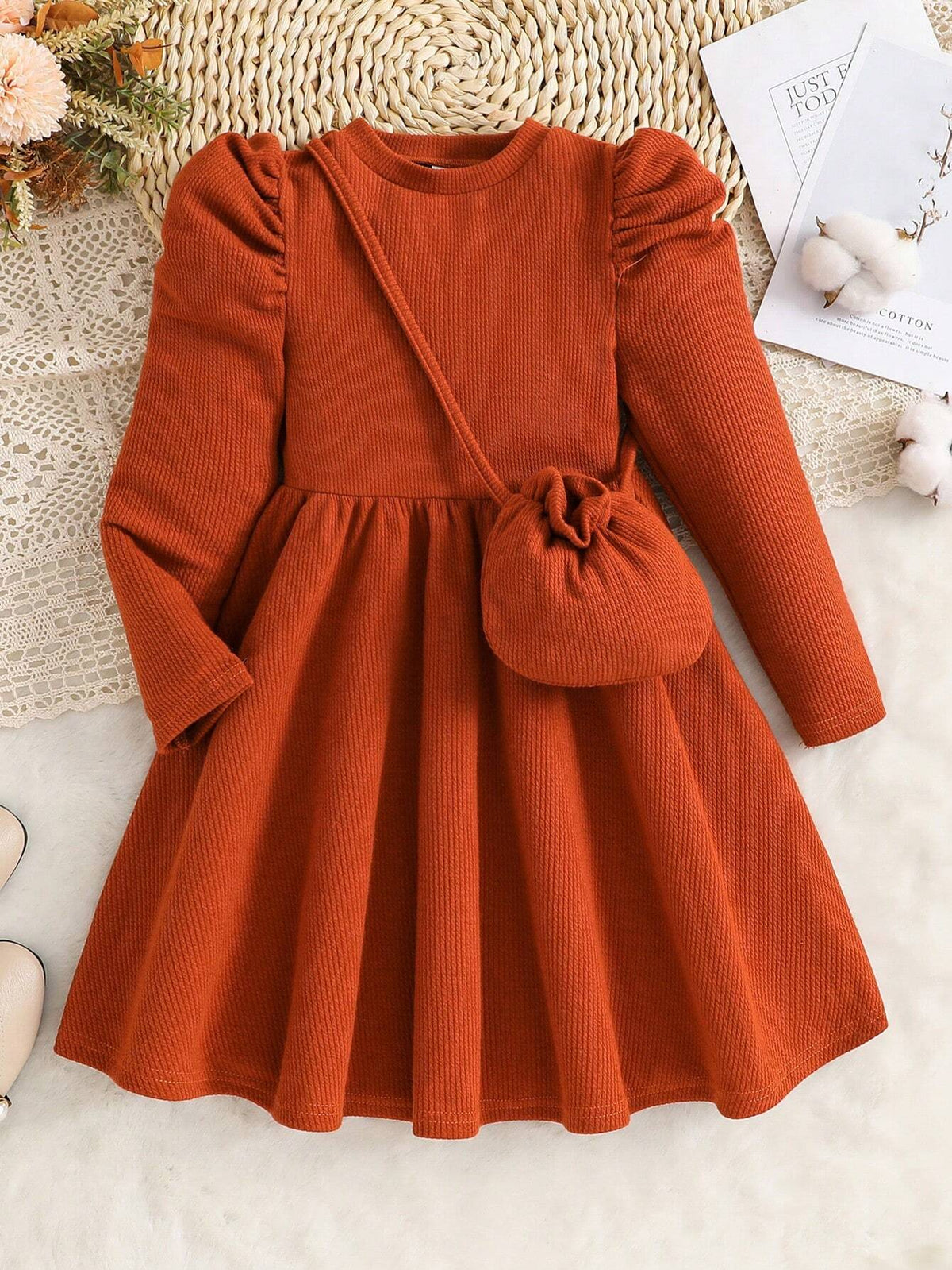 Young Girl Solid Color Round Neck Ruffle Trim Casual Dress With Diagonal Shoulder Bag