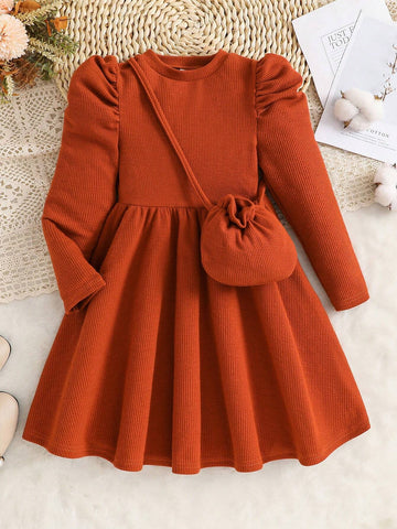 Young Girl Solid Color Round Neck Ruffle Trim Casual Dress With Diagonal Shoulder Bag