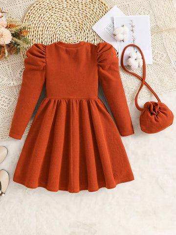 Young Girl Solid Color Round Neck Ruffle Trim Casual Dress With Diagonal Shoulder Bag