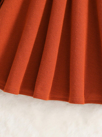 Young Girl Solid Color Round Neck Ruffle Trim Casual Dress With Diagonal Shoulder Bag