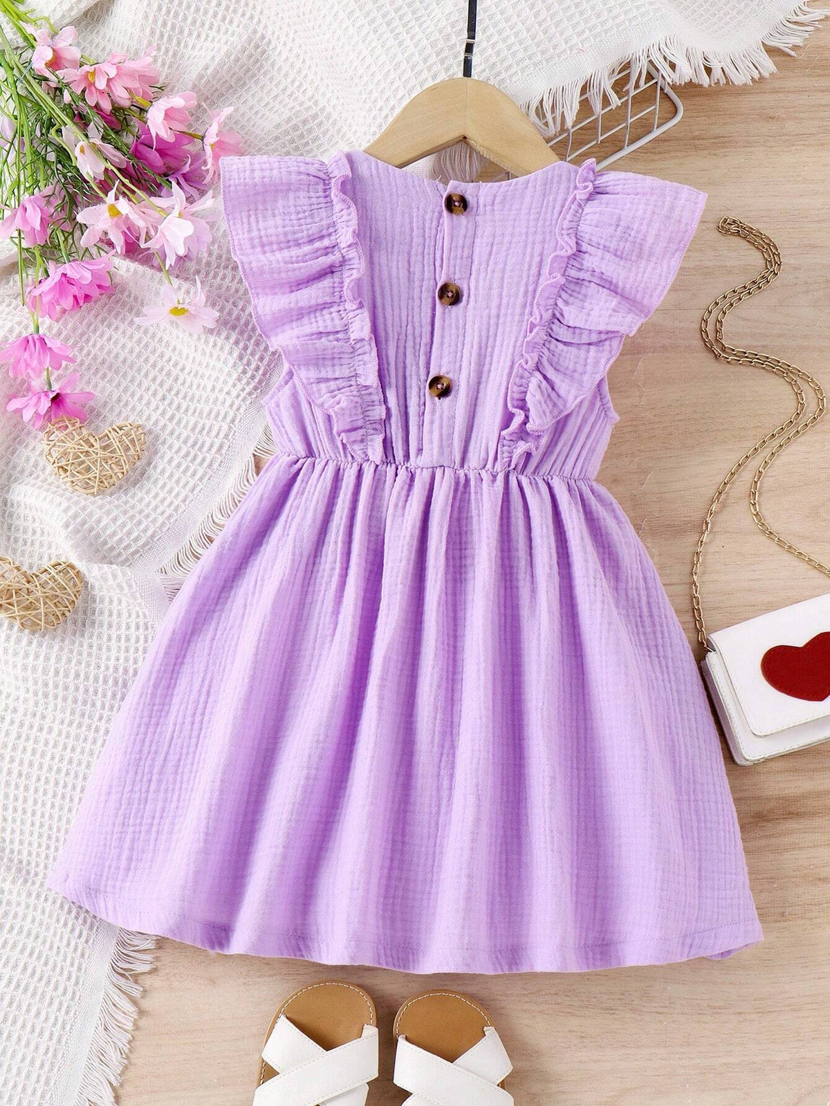 Young Girl Solid Color Ruffle Hem Dress