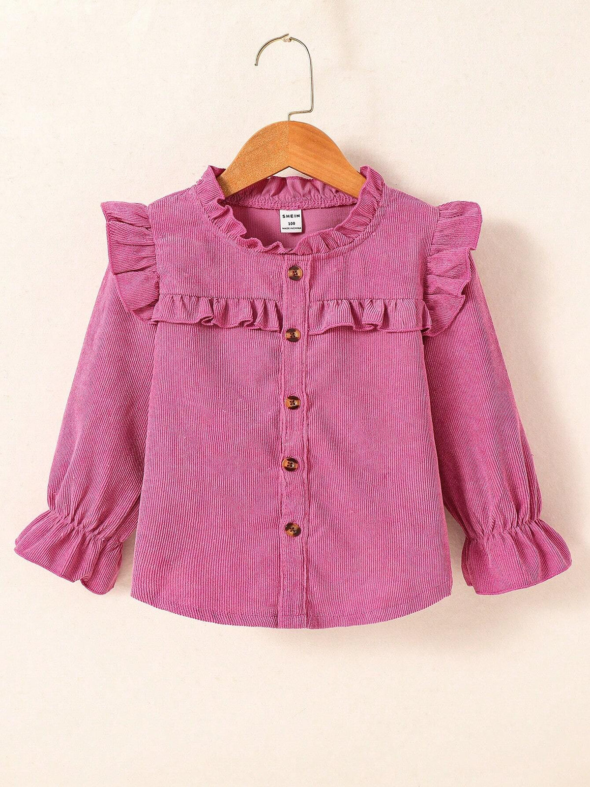 Young Girl Solid Color Ruffle Trim Long Sleeve Blouse, Autumn
