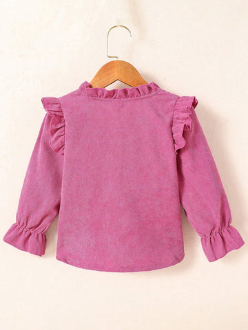 Young Girl Solid Color Ruffle Trim Long Sleeve Blouse, Autumn