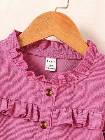 Young Girl Solid Color Ruffle Trim Long Sleeve Blouse, Autumn