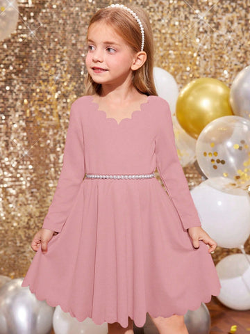 Young Girl Solid Color Shell Edge Long Sleeve Arc Hem Dress Without Belt, Suitable For Spring And Autumn