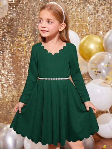 Young Girl Solid Color Shell Edge Long Sleeve Arc Hem Dress Without Belt, Suitable For Spring And Autumn
