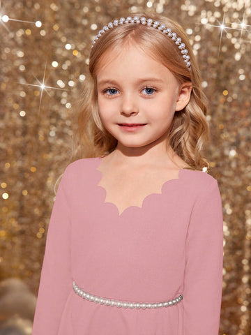 Young Girl Solid Color Shell Edge Long Sleeve Arc Hem Dress Without Belt, Suitable For Spring And Autumn