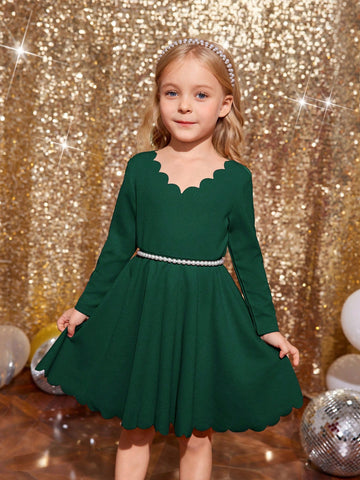 Young Girl Solid Color Shell Edge Long Sleeve Arc Hem Dress Without Belt, Suitable For Spring And Autumn