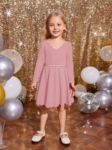 Young Girl Solid Color Shell Edge Long Sleeve Arc Hem Dress Without Belt, Suitable For Spring And Autumn