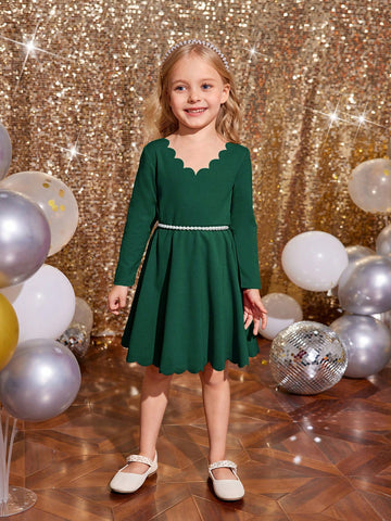 Young Girl Solid Color Shell Edge Long Sleeve Arc Hem Dress Without Belt, Suitable For Spring And Autumn