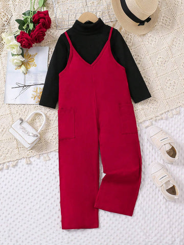Young Girl' Solid Color Spaghetti Strap Pocketed Casual Jumpsuit