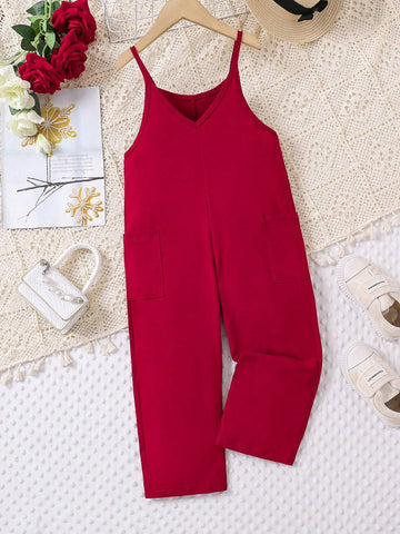 Young Girl' Solid Color Spaghetti Strap Pocketed Casual Jumpsuit