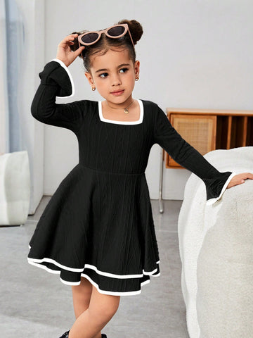 Young Girl Solid Color Square Neck Flare Sleeve Mini Y2K Long Sleeve Dress, Spring Autumn