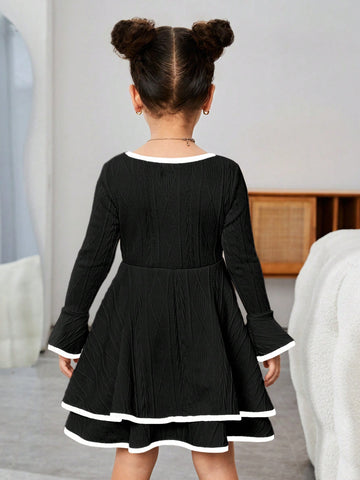 Young Girl Solid Color Square Neck Flare Sleeve Mini Y2K Long Sleeve Dress, Spring Autumn