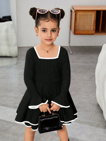Young Girl Solid Color Square Neck Flare Sleeve Mini Y2K Long Sleeve Dress, Spring Autumn