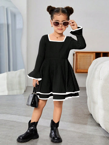 Young Girl Solid Color Square Neck Flare Sleeve Mini Y2K Long Sleeve Dress, Spring Autumn