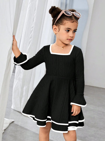Young Girl Solid Color Square Neck Flare Sleeve Mini Y2K Long Sleeve Dress, Spring Autumn