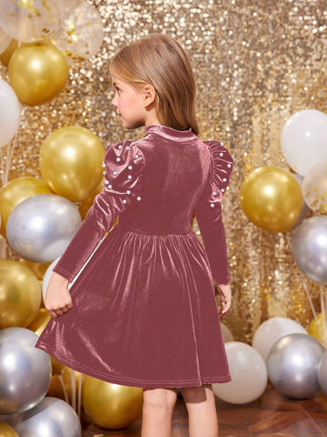 oung Girl Solid Color Stand Collar Gigot Sleeve Beaded Form-Fitting Casual Knit Dress, Christmas Dress