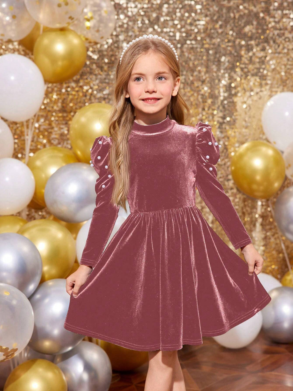 oung Girl Solid Color Stand Collar Gigot Sleeve Beaded Form-Fitting Casual Knit Dress, Christmas Dress