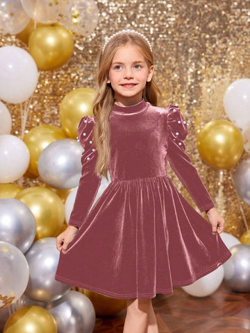 oung Girl Solid Color Stand Collar Gigot Sleeve Beaded Form-Fitting Casual Knit Dress, Christmas Dress