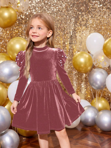 oung Girl Solid Color Stand Collar Gigot Sleeve Beaded Form-Fitting Casual Knit Dress, Christmas Dress