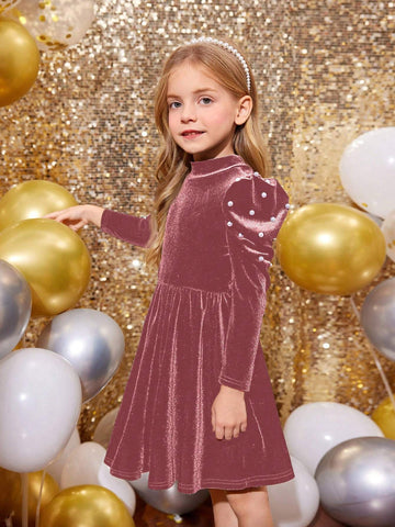 oung Girl Solid Color Stand Collar Gigot Sleeve Beaded Form-Fitting Casual Knit Dress, Christmas Dress