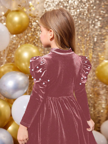 oung Girl Solid Color Stand Collar Gigot Sleeve Beaded Form-Fitting Casual Knit Dress, Christmas Dress