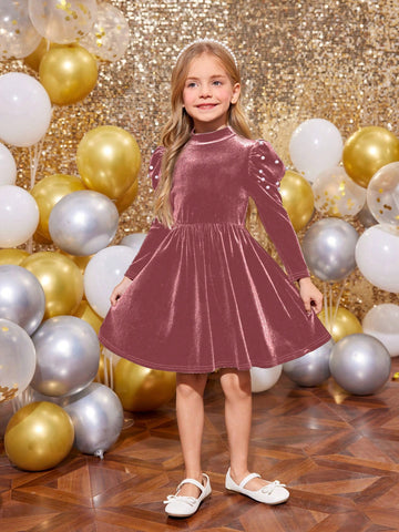 oung Girl Solid Color Stand Collar Gigot Sleeve Beaded Form-Fitting Casual Knit Dress, Christmas Dress