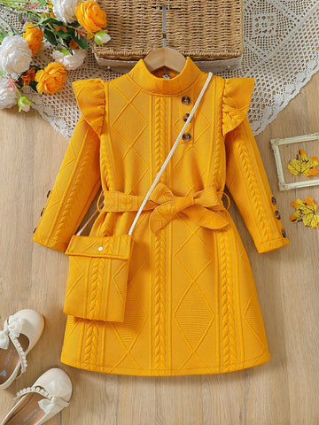 Young Girl' Solid Color Stand Collar Long Sleeve Button Casual Dress